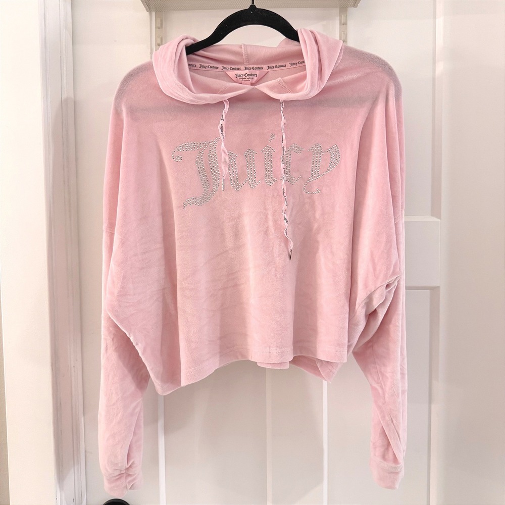Juicy‎ Couture Velour Cropped Hoodie Rhinestone Logo Pink Size Large Soft